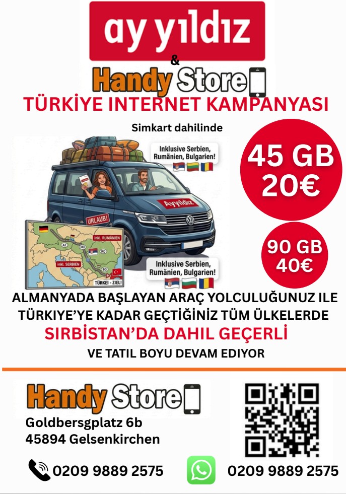 Ay Yıldız & Handy Store — Türkiye Internet Kampanyası: 45 GB 20€ · 90 GB 40€ (Sırbistan dahil)